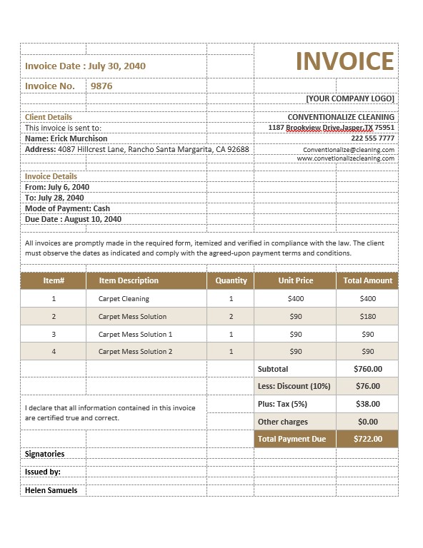 Carpet Cleaning Service Invoice Template PSD template